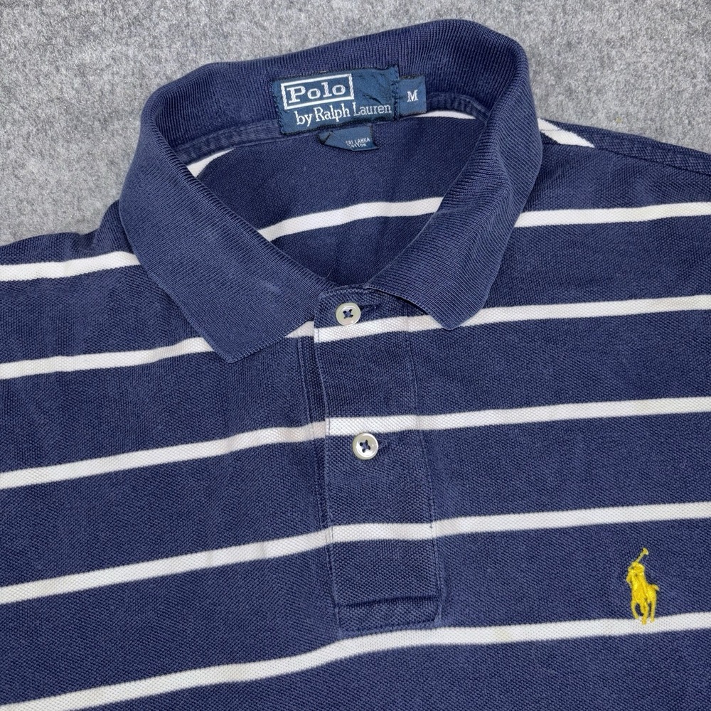 Polo Ralph Lauren Shirt Mens Medium Short Sleeve Y2K Navy Blue Striped Pony Logo